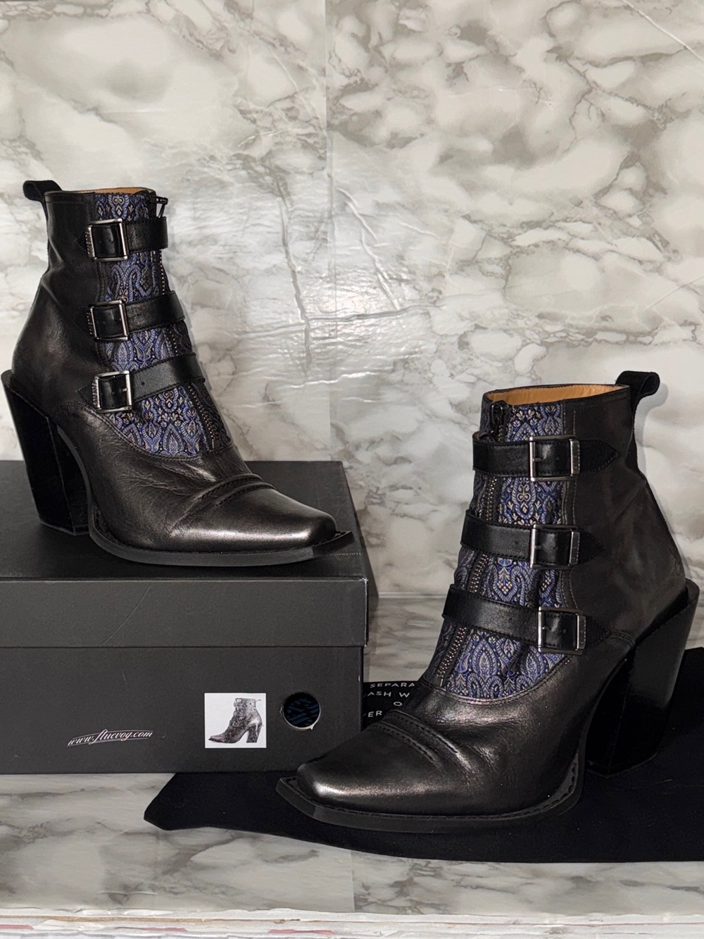 John Fluevog Signature Durer Black Metallic Triple-Buckle Boots - Women’s 9